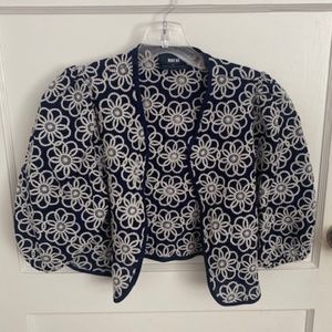Anthropologie Maeve Cropped Short Sleeve Jacket in Navy and White (One Size)